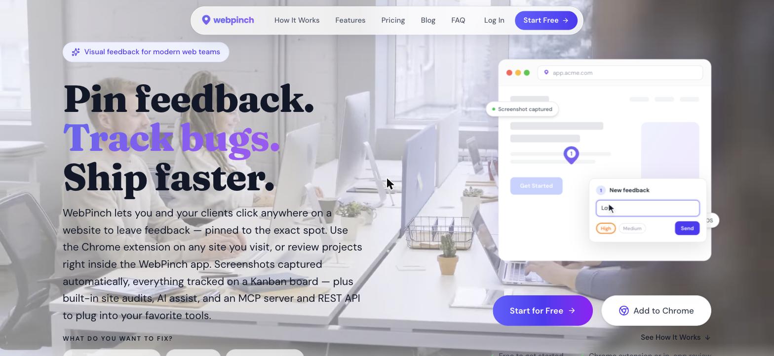 WebPinch pins feedback directly onto the live page.
